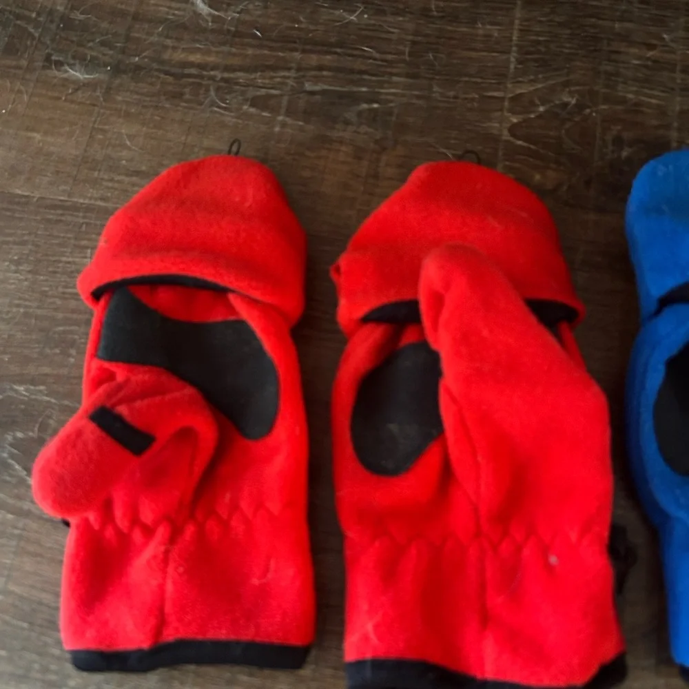 Kids Red and Blue convertible Fingerless mittens/ gloves - 2 pairs